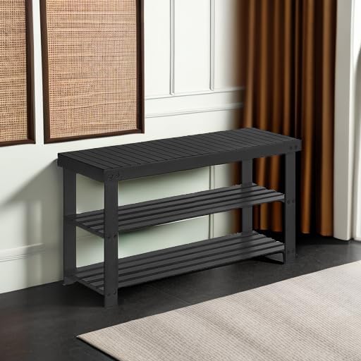 SONGMICS Shoe Rack Bench, 3-Tier Bamboo Entryway Bench, 35.4 Inches Width | Shoe Storage Organizer, Holds Up to 286.6 lb, Ink Black, BAMBOU Collection ULBS090B33 - Image 6
