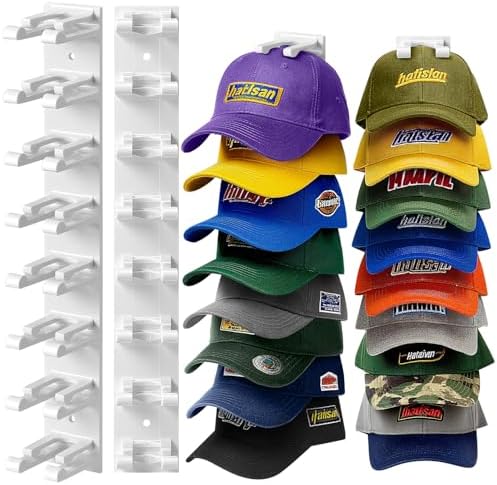 Hat Organizer for Baseball Caps Wall, 2 Pack Hat Holder for Closet Door Hold up to 16 Hats,Hat Hook with Adhesive and 8 Screws, Hat Hanger Cap Holder Hat Hangers for Wall Closet Door Bedroom(A-White) by Hatisan