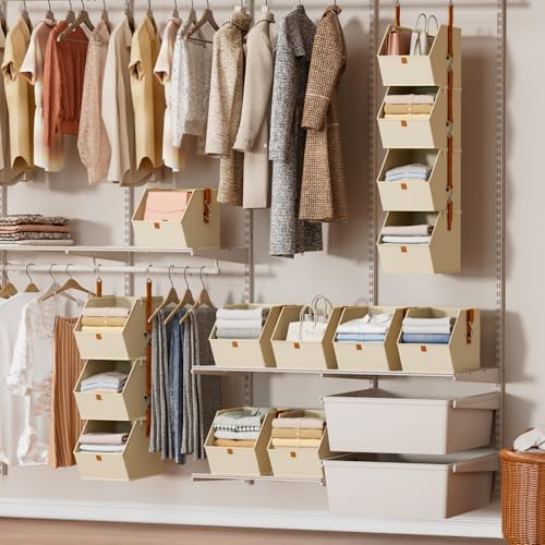 Homsorout Hanging Closet Organizer 4 Tier - Clothes Hanging Shelves, Space-Saving Closet System, Fabric Storage Bins Bedroom Organization, Collapsible Baskets for Home, Dorm, Rv, Beige - Image 6