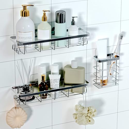 Shower Caddy Organizer with Hooks,Self Adhesive Bathroom Shelves,Shower Shelves,No Drilling Bathroom Organizers and Storage,Perfect for RV, Apartment, Home Decor,Silvery 3PK by Unknown