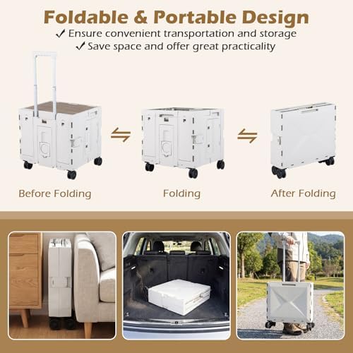 Goplus Foldable Utility Cart, Portable Rolling Crate Handcart with 4 Rotate Wheels, Telescoping Handle, Lid & Cup Holder for Travel, Shopping, Luggage, Grocery, Office & Teacher (White) - Image 3