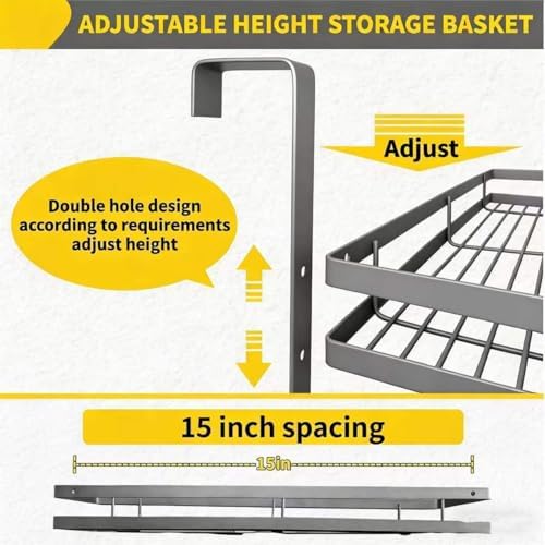 Over Door Tool Organizer, Heavy Duty Utility Rack with 3 Slots, 2 Hooks and 1 Basket, Power Tool & Garden Tool Storage for Garage, Workshop, Warehouse, Fits Brooms and Mops - Grey - Image 3