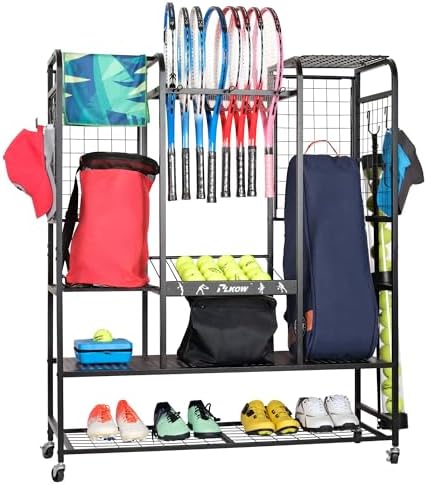 PLKOW Tennis Bag Organizer Tennis Racket Storage Rack, Tennis Equipment Holder for Bags, Balls, Racquet & Accessories, Versatile Gear Organizer for Garage, Club, or School by PLKOW