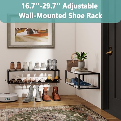 2 Pack Wall Mounted Shoe Rack, Expandable 16-29" with 4 Hooks - Image 5