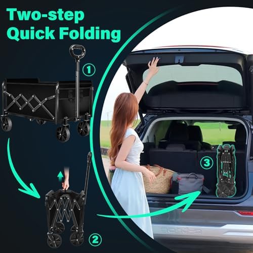 KINGRACK Collapsible Wagon Cart with Wheels Foldable, Black, 360 lbs Heavy Duty Folding Utility Wagon - Portable All Terrain Grocery Cart for Groceries/Shopping/Outdoor/Camping/Fishing/Sports - Image 3