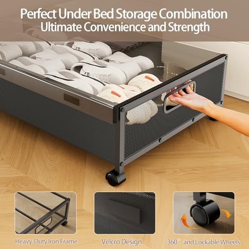 KITHELP Under Bed Storage Containers with Wheels, 2 Pack Underbed Shoe Storage Organizer with Removable Lids, Large Rolling Under Bed Storage Dresser Drawers for Clothes Toys Shoes Blankets - Image 5