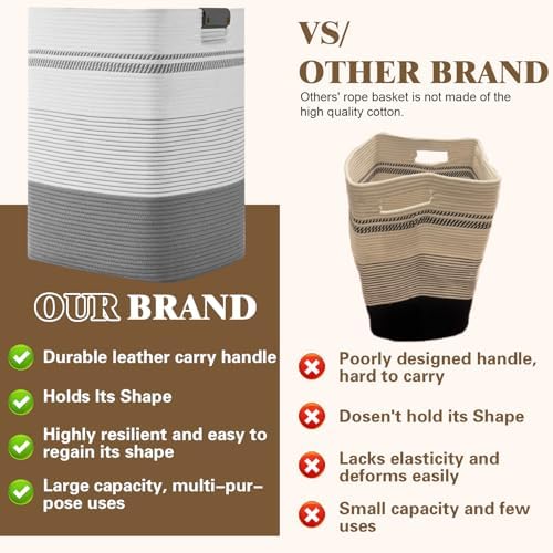 Laundry Hamper, 95L Tall Laundry Basket with Leather Handles, Rectangle Large Clothes Hamper for Organizing, Cotton Woven Laundry Baskets Storage Hampers for Bedroom, Nursery, Living Room - Image 5