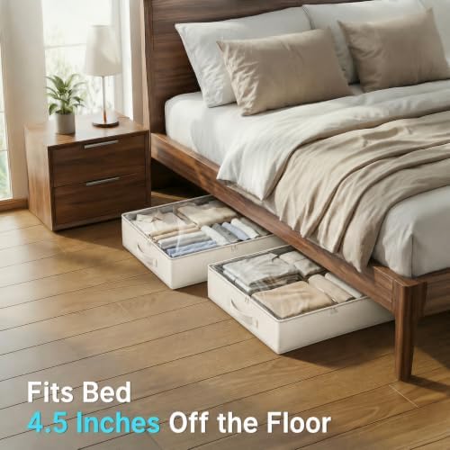2-Pack Under Bed Storage Containers, 4.5 Inches Tall Clothes Storage, Beige | Low Profile Collapsible Underbed Organizer Bin with Sturdy Sidewalls/Bottom, Cotton-linen, For Seasonal Clothes & Bedding - Image 2