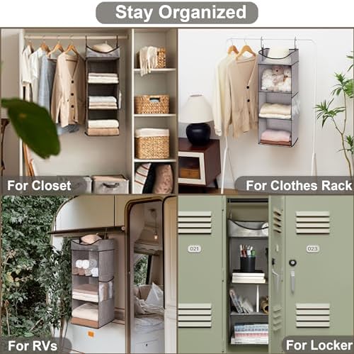 StorageWorks 3-Shelf Hanging Closet Organizer with Half Compartment | Add More Storage to Small Closets with 3 Shelves, a Side Pocket and Half Compartment, Ideal for Bedrooms, Dorms and RVs, Grey - Image 5