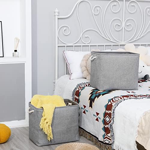 Bidtakay Collapsible Storage Bins for Clothes Large Grey Storage Baskets with Cotton Handles 17x12x15 In Set of 2 Fabric Cubby Storage Bins Livingroom Home Decorative Storage Organizer for Blankets - Image 2
