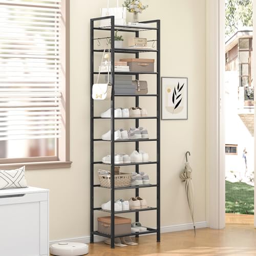 usikey 10 Tiers Narrow Shoe Rack 20-30 Pairs, Sturdy Metal Tall Shoe Rack Shelf with 4 Hooks, Slim Shoe Storage with Metal Shelf, Space Saving Vertical Shoe Organizer for Closet Entryway, Black - Image 2