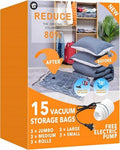 GONGSHI Vacuum Storage Bags with Electric Pump, 15-Piece Set | 3 Jumbo, 3 Large, 3 Medium, 3 Small and 3 Travel Roll-Up Bags for Clothes, Bedding, Blankets and Travel Storage by GONGSHI