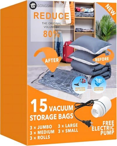 GONGSHI Vacuum Storage Bags with Electric Pump, 15-Piece Set | 3 Jumbo, 3 Large, 3 Medium, 3 Small and 3 Travel Roll-Up Bags for Clothes, Bedding, Blankets and Travel Storage by GONGSHI