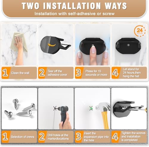 Niunuerga 48 Pack Adhesive Hat Hooks for Wall, Super Strong Hat Rack for Baseball Caps, Minimalist Hat Organizer Display for Home Decor, Hat Hangers Holder for Wall, Door, Closet, No Drilling (Black) - Image 6