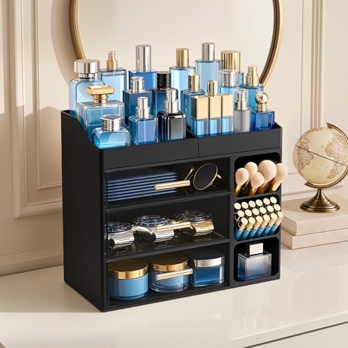 HBlife Cologne Organizer for Men Makeup Organizer Countertop with Brush Holder, Large Bathroom Counter Organizer with Drawers, Plastic Dresser Organizer Storage Fathers Day Gift for Dad Husband, Black - Image 5