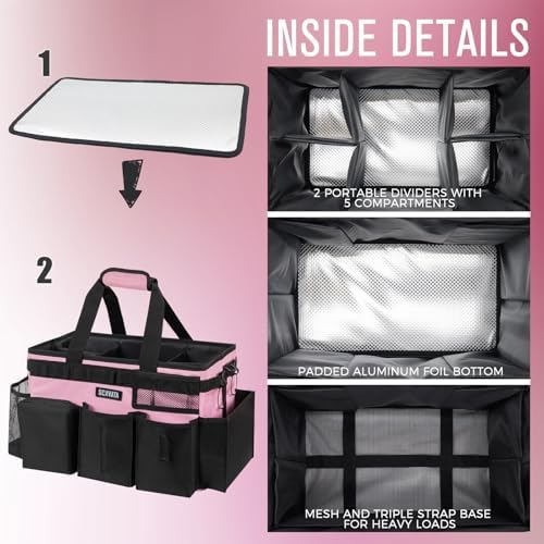 SCAVATA Wearable Cleaning Caddy Bag, Cleaning Caddy Supplies Organizer with Handle & Shoulder Straps for Housekeepers, Under Sink & Car Cleaning Tool Organizers with 4 Foldable Divider (SweetPink) - Image 4
