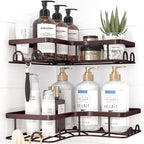 Sakugi Corner Shower Caddy - 2 Pack, Adhesive Shower Organizers, Rustproof Stainless Steel Shower Shelves with 8 Hooks, No Drilling Bathroom Organizers and Storage Racks, Space-Saving, Brown, Medium by Sakugi
