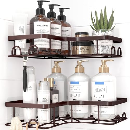 Sakugi Corner Shower Caddy - 2 Pack, Adhesive Shower Organizers, Rustproof Stainless Steel Shower Shelves with 8 Hooks, No Drilling Bathroom Organizers and Storage Racks, Space-Saving, Brown, Medium by Sakugi