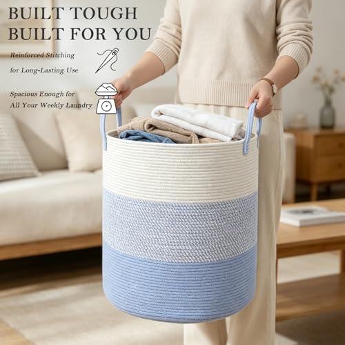 70L Woven Laundry Basket, Large Clothes Hamper with Handles- Blue - Image 5