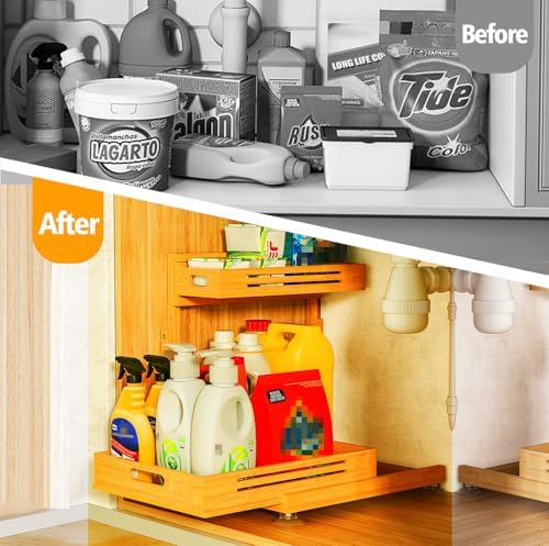 Under Sink Organizer, Premium Bamboo Wood Pull Out Cabinet Organizer, 2 Tier Slide Out Sink Shelf Cabinet Storage Shelves, Under Sink Storage for Kitchen Bathroom Cabinet - Image 5