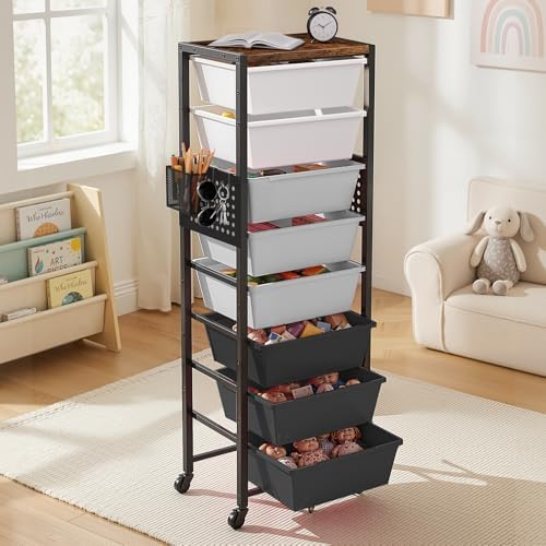 Rolling Cart with Drawers, Rolling Storage Cart with Large Plastic Drawers & Wooden Tabletop, Utility Cart with Pegboards & Basket, Storage Drawers Cart for Living Room, Classroom, Bedroom, Office - Image 3