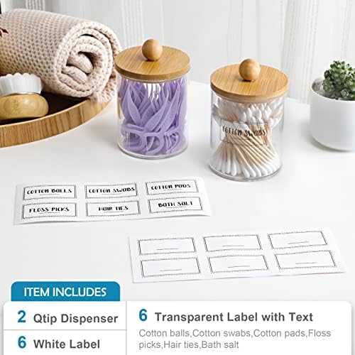 2 Pack Qtip Holder Dispenser with Bamboo Lids - 10 oz Clear Plastic Apothecary Jar Containers for Vanity Makeup Organizer Storage - Bathroom Accessories Set for Cotton Swab, Ball, Pads, Floss - Image 2