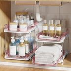 Delamu 2-Tier Multi-Purpose Bathroom Under Sink Organizers and Storage, Stackable Kitchen Pantry Organization, Pull Out Medicine Cabinet Organizer with Movable Dividers, Light Pink, 2 Pack - Image 7