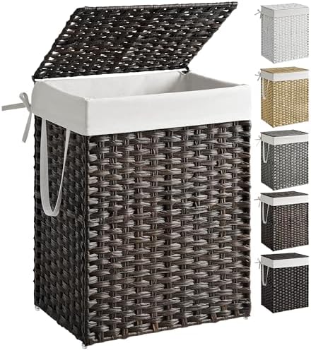SONGMICS Laundry Hamper with Lid, 23.8 Gallon (90 L) Synthetic Rattan Clothes Laundry Basket with Lid and Handles, Foldable, Removable Liner, Chestnut Brown ULCB051K02 by Unknown