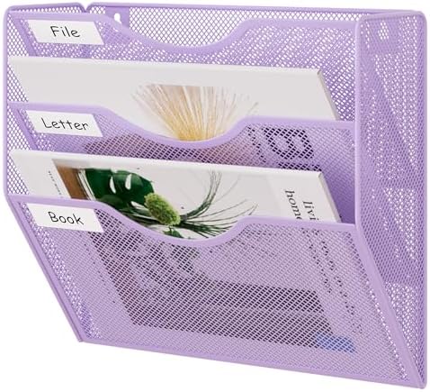 EasyPAG 3 Pocket Mesh Wall File Organizer, Hanging Paper Folder Holder with Classify Label, Vertical Wall Mount Mail Organizer for Office Home Classroom, Purple by EasyPAG
