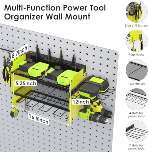 CCCEI Modular Power Tool Organizer Wall Mount Charging Station, Green 6 Drills Holder with 8 Plug Power Strip 10FT, Garage Drill Battery Heavy Duty Metal Shelf, Utility Rack with Hooks, Side Storage. - Image 5