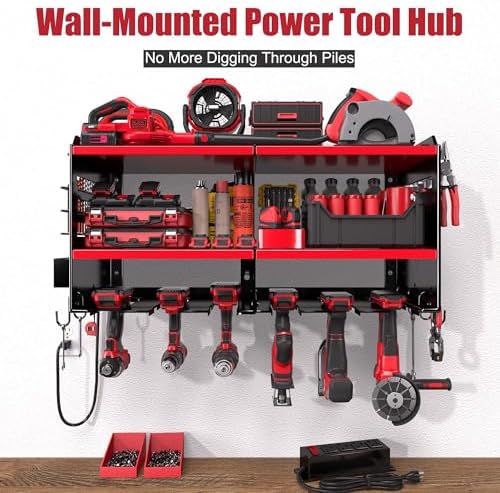Spampur Fathers Day Gift – Power Tool Organizer Wall Mount with Charging Station, 420 lb Capacity 3-Tier Storage Rack Holds 6 Drills, Side Slots for Screwdrivers & Bits, Garage Storage for Men Gifts - Image 2