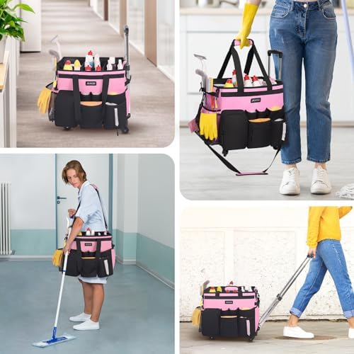 JKAOO Large Rolling Cleaning Caddy Bag with Detachable Trolley, Pink - Image 6