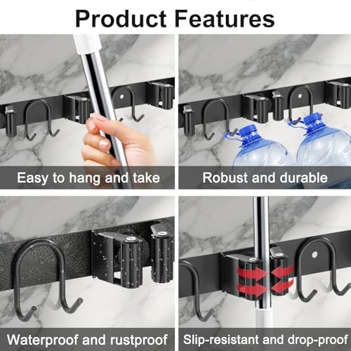Broom Holder Wall Mount, 2 Packs Black Stainless Steel Tool Storage Organizer for Kitchen Garden Garage Laundry Room Bathroom and RV with 4 Slots 6 Hooks - Image 3