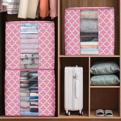 Storage Bags 4 Pack 100L Clothes Organization and Storage Containers | Large Blanket for Comforters,Bedding, Foldable Organizer with Reinforced Handle, Clear Window, Sturdy Zippers, Pink - Image 6