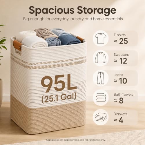 Laundry Hamper, Cotton Rope Laundry Basket with Leather Handles, 25.1-Gallon/95 L Large Clothes Hampers for Laundry, Woven Laundry Baskets for Blankets, Clothing, Bedroom, Living Room, Nursery - Image 3