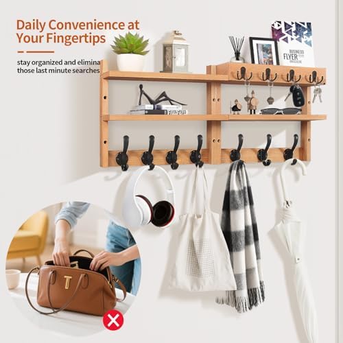 29" Coat Rack Wall Mount with Shelf, Pine Two-Tier Wall Shelf Mounted Coat and Key Hanger with 7 Heavy Duty Hooks 4 Key Hooks, Entryway Key Holder with Mail Holder for Bedroom,Living Room (Wood) - Image 5