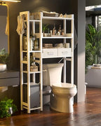 Besiost Over The Toilet Storage, 7 Tier Bathroom Organizer with Reversible Side Shelf and 2 Fabric Drawers, Adjustable Freestanding Rack Space Saver for Small Spaces, White - Image 2