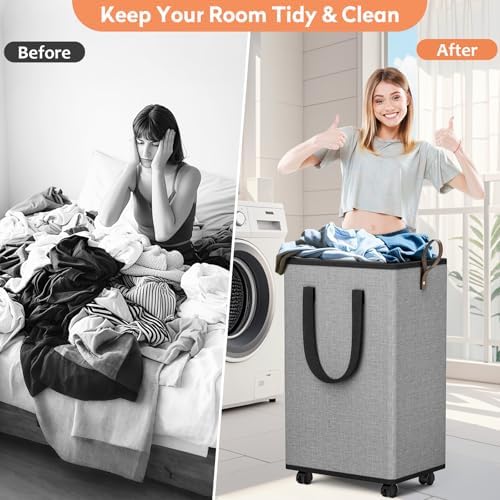 SpaceTrove Rolling Laundry Basket with Wheels, Laundry Hamper, 100L, Grey - Image 4