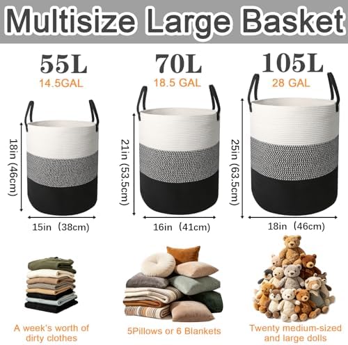 70L Woven Laundry Basket,Large Clothes Hamper with Handles-Black - Image 2