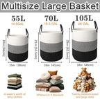 70L Woven Laundry Basket,Large Clothes Hamper with Handles-Black - Image 2