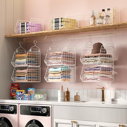 X-cosrack 6 Tier Closet Hanging Organizer, Clothes Hanging Shelves with 4 Hanging Hooks 5 S Hooks, Wire Storage Basket Bins, for Clothing Sweaters Shoes Handbags Clutches Accessories Patent - Image 4