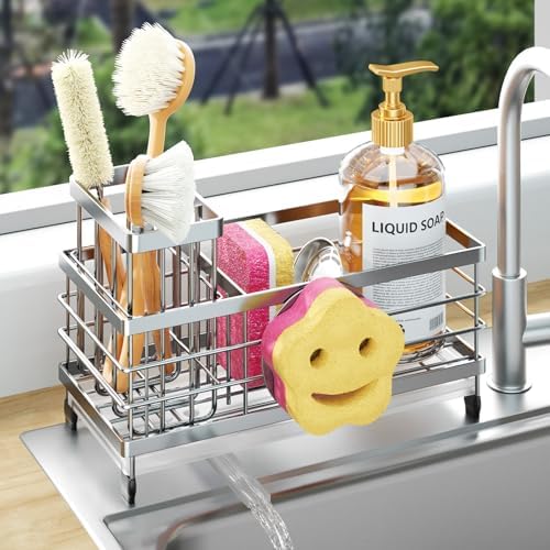 HapiRm Sponge Holder for Kitchen Sink - Self-draining Sink Caddy with Smiley Face and Brush Holder, Stainless Steel Kitchen Organizer for Countertop - Silver by HapiRm