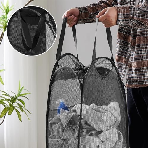 TECHMILLY Collapsible Mesh Pop Up Laundry Hamper with Sturdy Handles and Side Pocket - Portable Foldable Clothes Baskets for Dorm, Bathroom & Travel Storage (with Drawstring, Black) - Image 5
