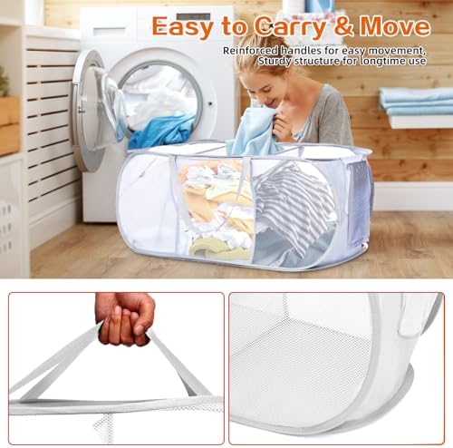 Durable Collapsible Foldable Mesh Pop Up Laundry Basket, 3 Compartments Easy to Carry & Sort Clothes Hampers for Home, Dorm, Travel White (Pack of 2) - Image 5