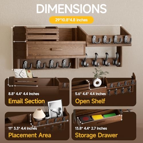 Solid Wood Wall Mounted Coat Rack with Shelf & Drawer - Image 3