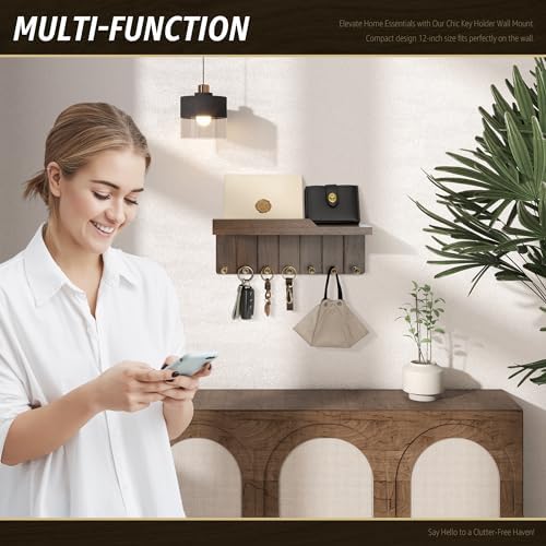Rebee Vision Key Holder Wall Mount with Shelf for Room Decor, Rustic Brown - Image 3