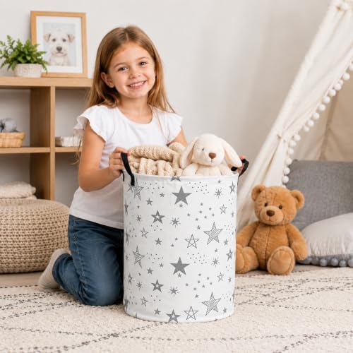 Collapsible Kids Laundry Basket Clothes Hamper, Foldable Storage Organizer Bin, Toy Clothes Storage with Handles for Boys Girls Bedroom, Room Decor Grey Star - Image 5