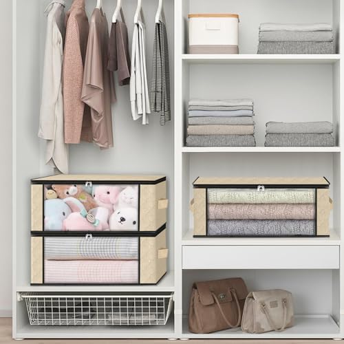 HomeHacks 8-Pack Clothes Organizer Storage Bags, 35L Storage Bins, Beige | Foldable Storage Box Container with Zippers, Clear Window, Reinforced Handles for Closet, Dorm, Pillows, Bedding, Sweater - Image 6