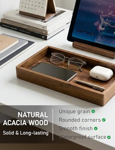 DEMIGO Valet Tray & Catchall, Dark Brown Acacia Wood Organizer, 12.2 x 6 in - Image 4