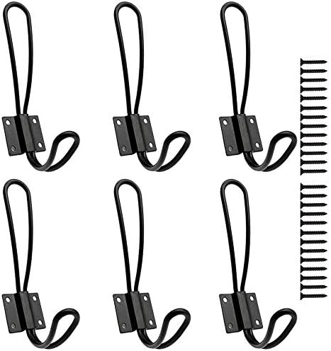 Hajoyful Rustic Entryway Hooks-6 Pack Farmhouse Hooks with Metal Screws Included, Black Decorative Wall Mounted Rustic Coat Hooks Rack, Double Vintage Organizer Hanging Wire Hook Clothes Hanger by Hajoyful